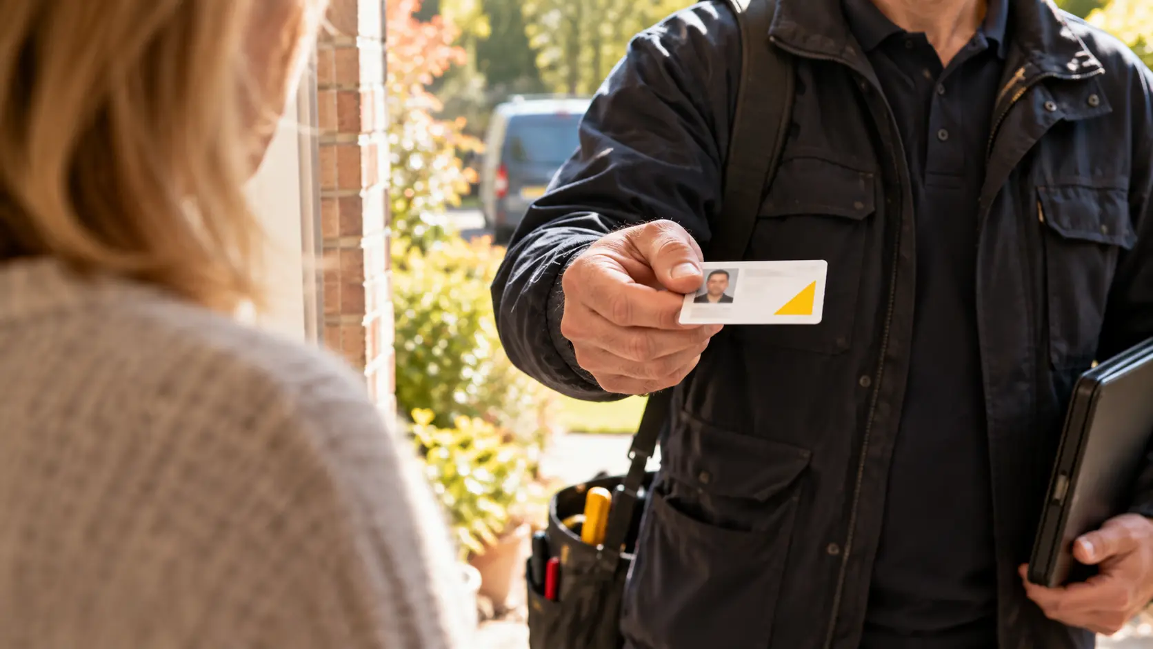 Heating engineer showing a Gas Safe ID card to a homeowner at the front door