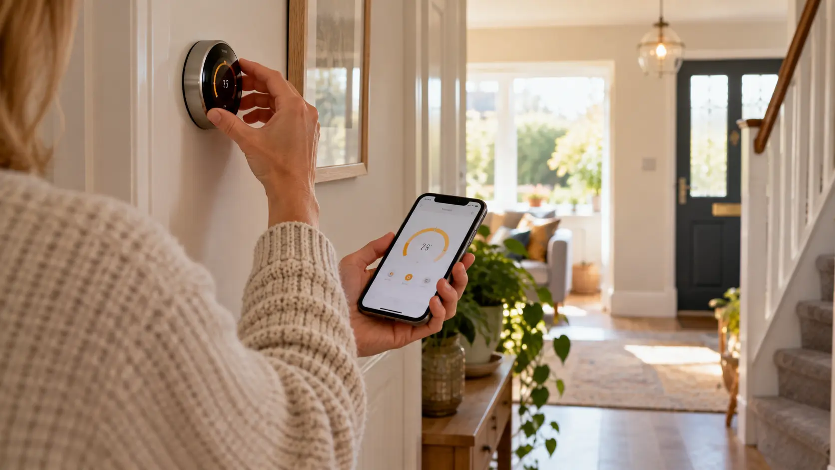 Homeowner adjusting a wall-mounted smart thermostat while using a heating app on a smartphone