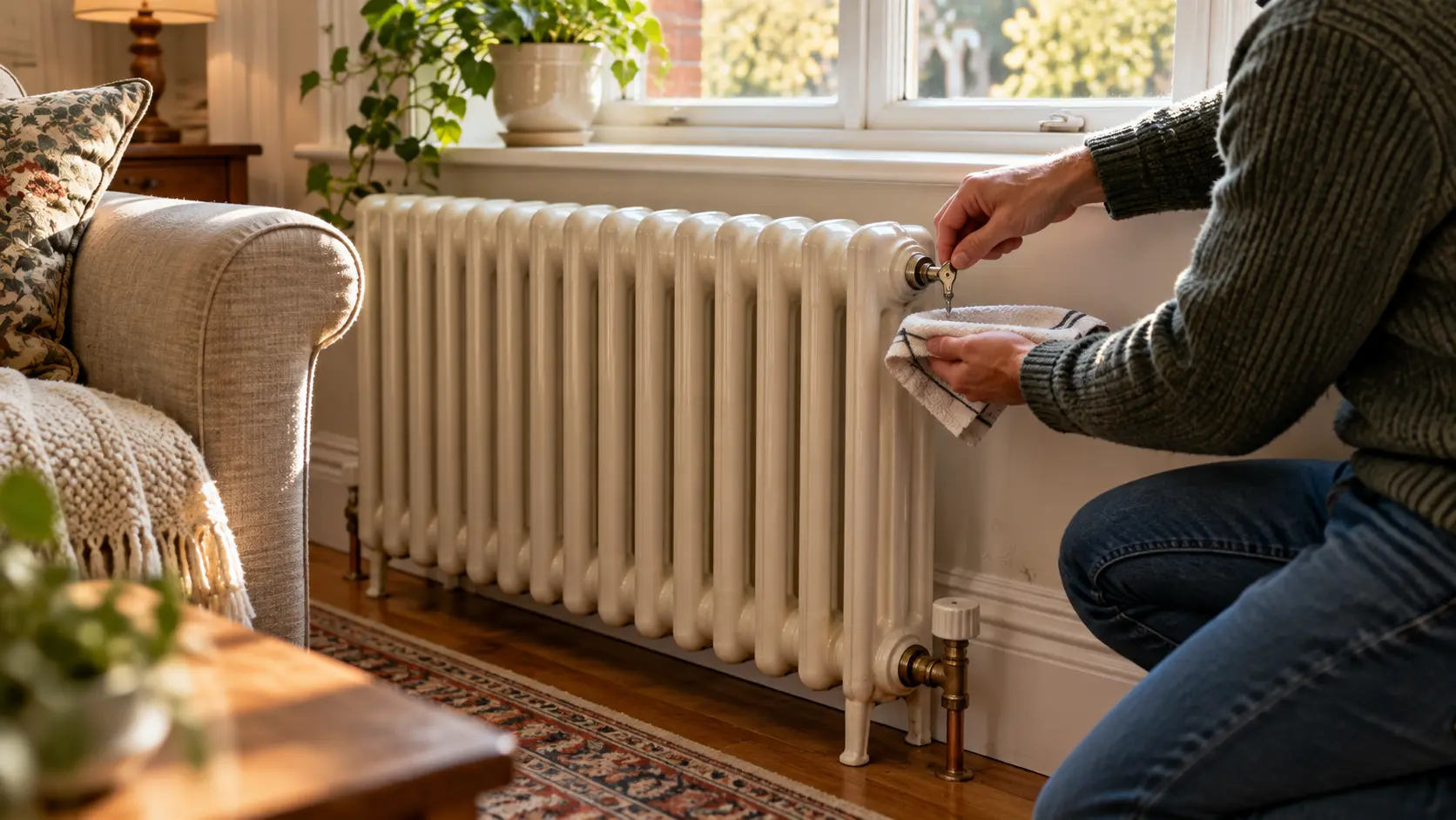 Homeowner bleeding a traditional cast iron radiator in a bright period living room